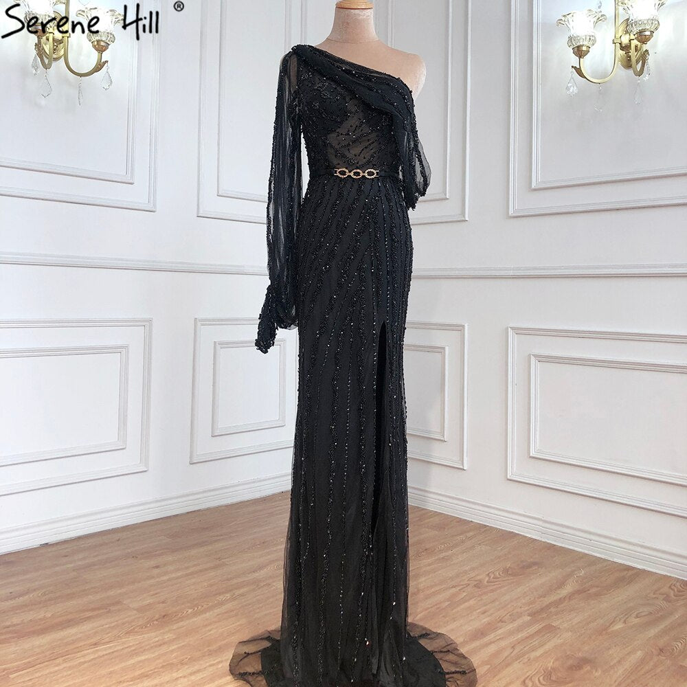 Serene Hill Nude High Split Mermaid Evening Dresses Gowns 2025 Luxury Beaded One Shoulder Elegant For Women Party LA70258 - SERENE HILL