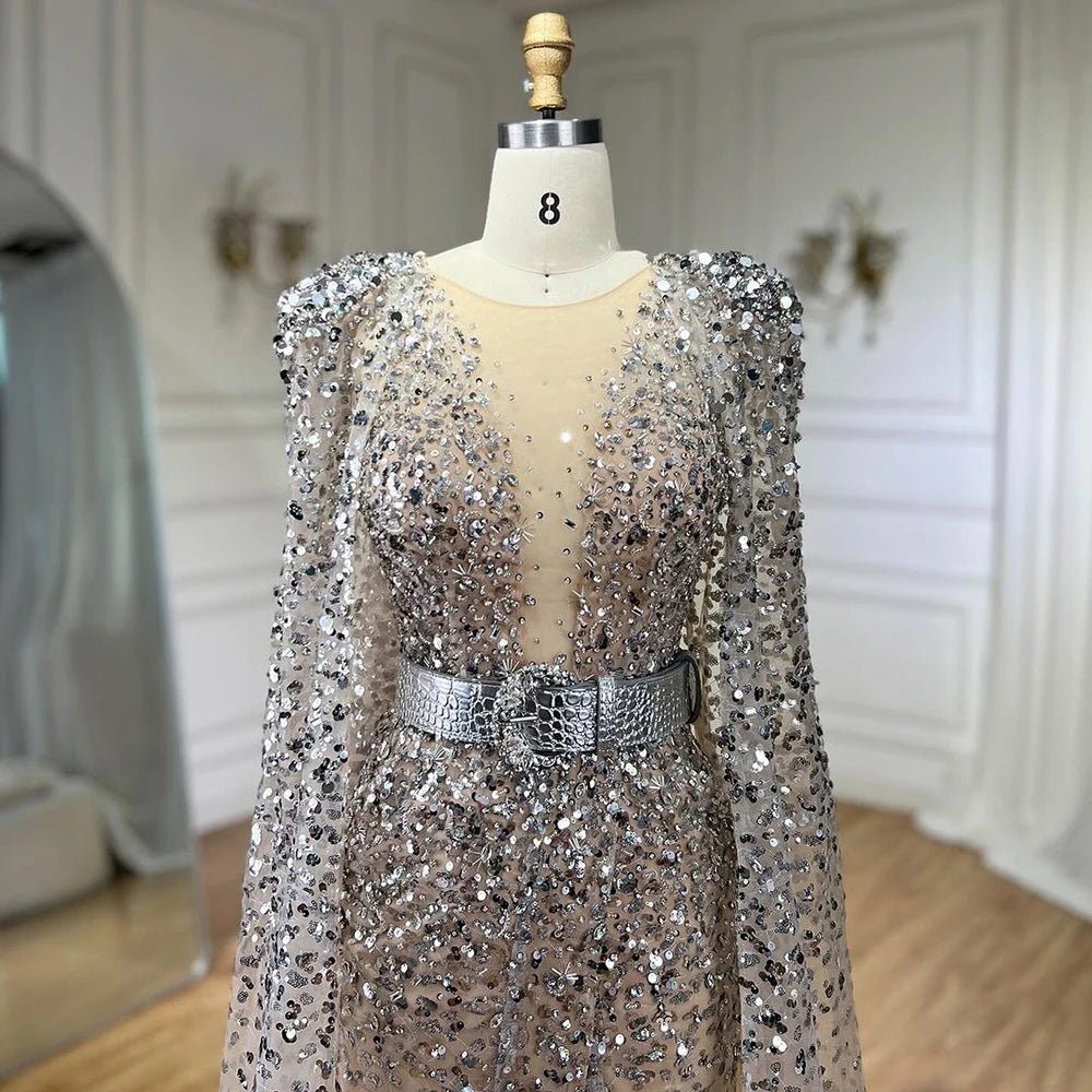 Serene Hill Nude Mermaid Evening Gown with Luxury Cape Sleeves Beaded Elegance and Backless for Women&