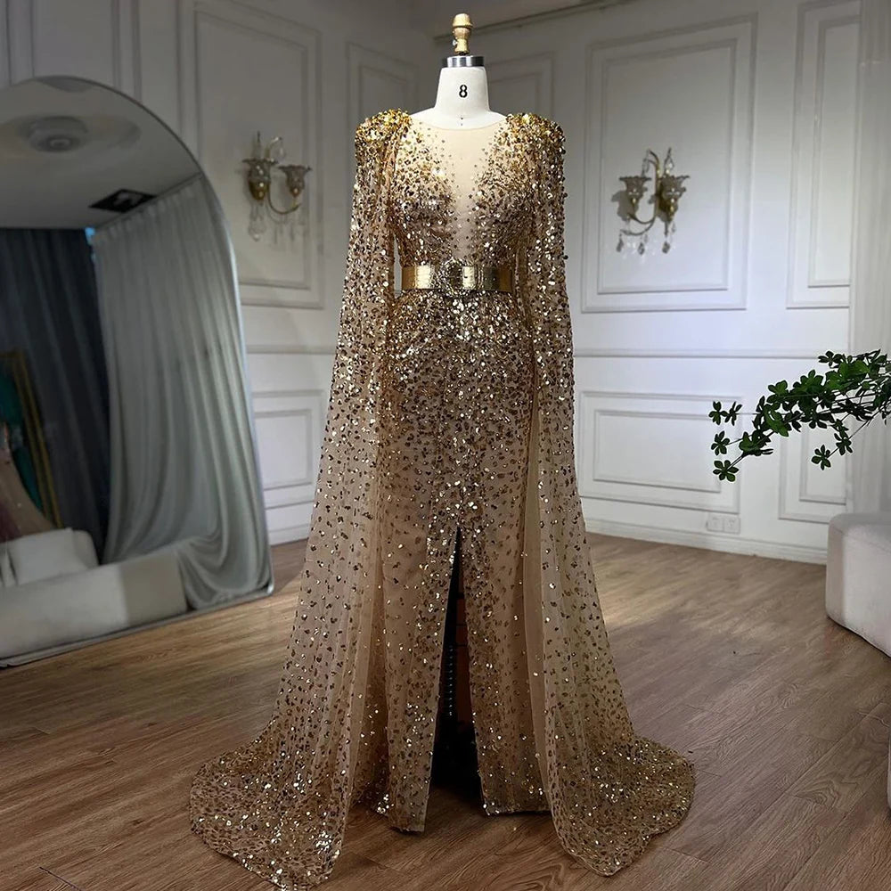 Serene Hill Nude Mermaid Evening Gown with Luxury Cape Sleeves Beaded Elegance and Backless for Women&