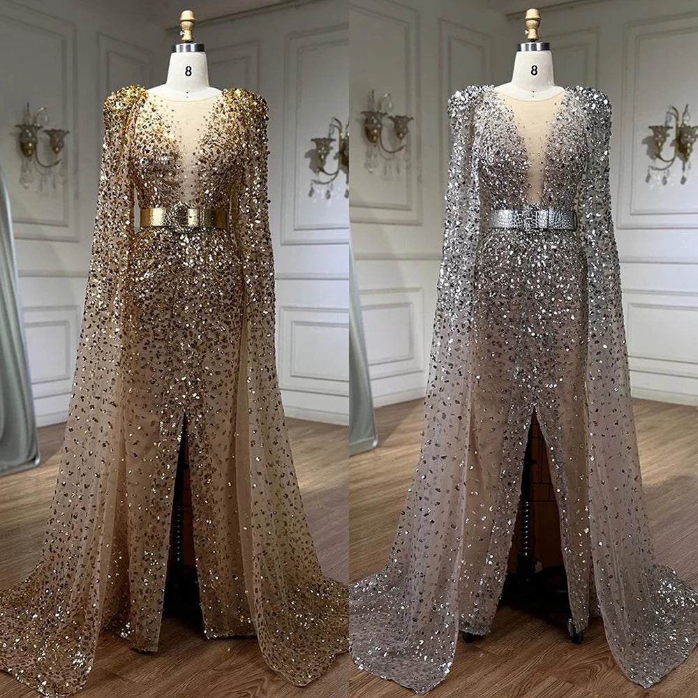 Serene Hill Nude Mermaid Evening Gown with Luxury Cape Sleeves Beaded Elegance and Backless for Women&