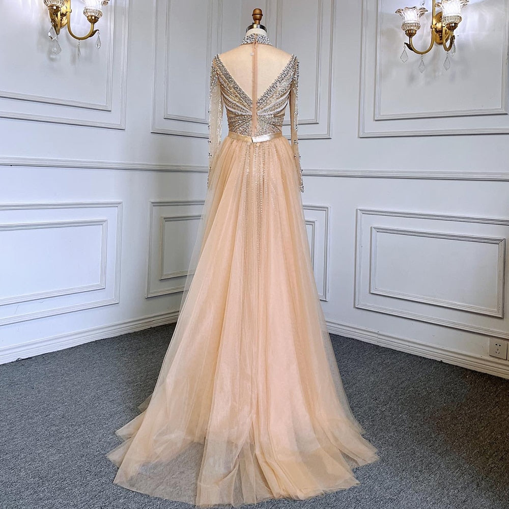 Luxury Nude Modest Beaded Tassel Mermaid Evening Dress LA71533 - SERENE HILL