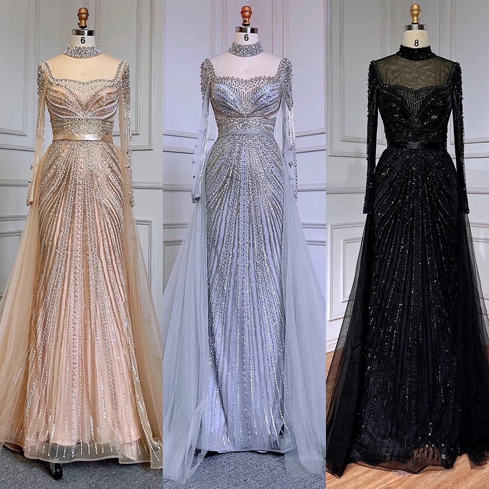 Luxury Nude Modest Beaded Tassel Mermaid Evening Dress LA71533 - SERENE HILL