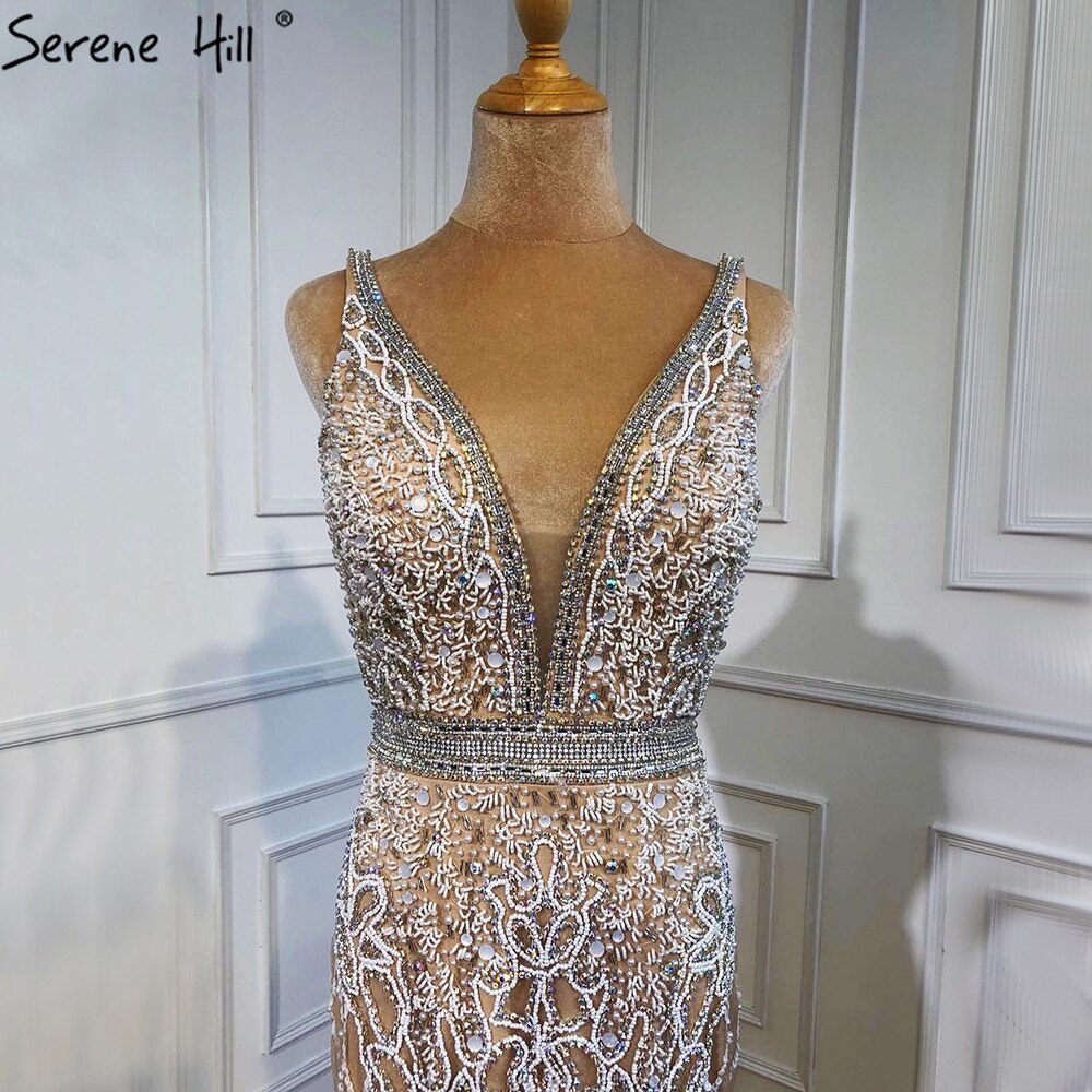 Serene Hill Nude Pink Mermaid High Split Elegant Evening Dresses Gowns 2025 Luxury Feathers Beading Sexy For Women Party LA70791 - SERENE HILL