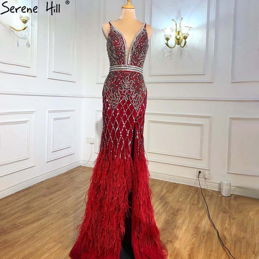 Serene Hill Nude Pink Mermaid High Split Elegant Evening Dresses Gowns 2025 Luxury Feathers Beading Sexy For Women Party LA70791 - SERENE HILL