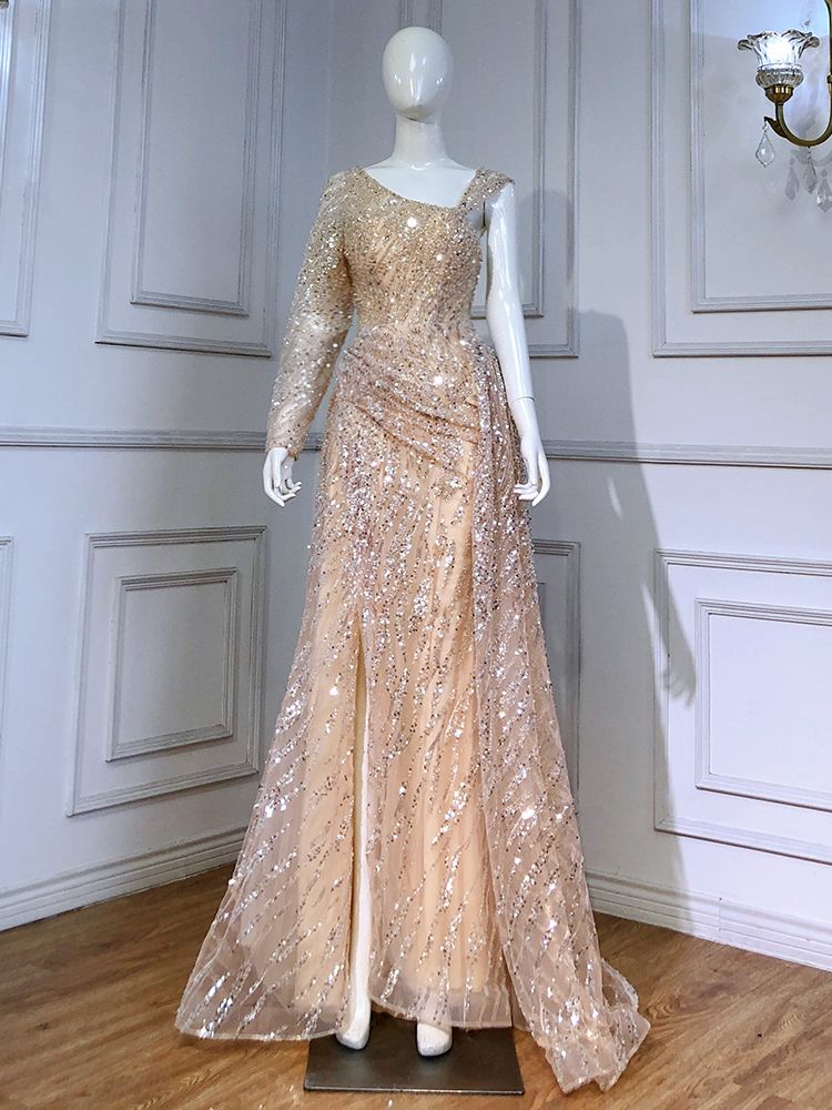 Serene Hill Peach Mermaid Elegant Evening Dresses Gowns 2025 Beaded Luxury Overskirt For Women Party LA71527 - SERENE HILL