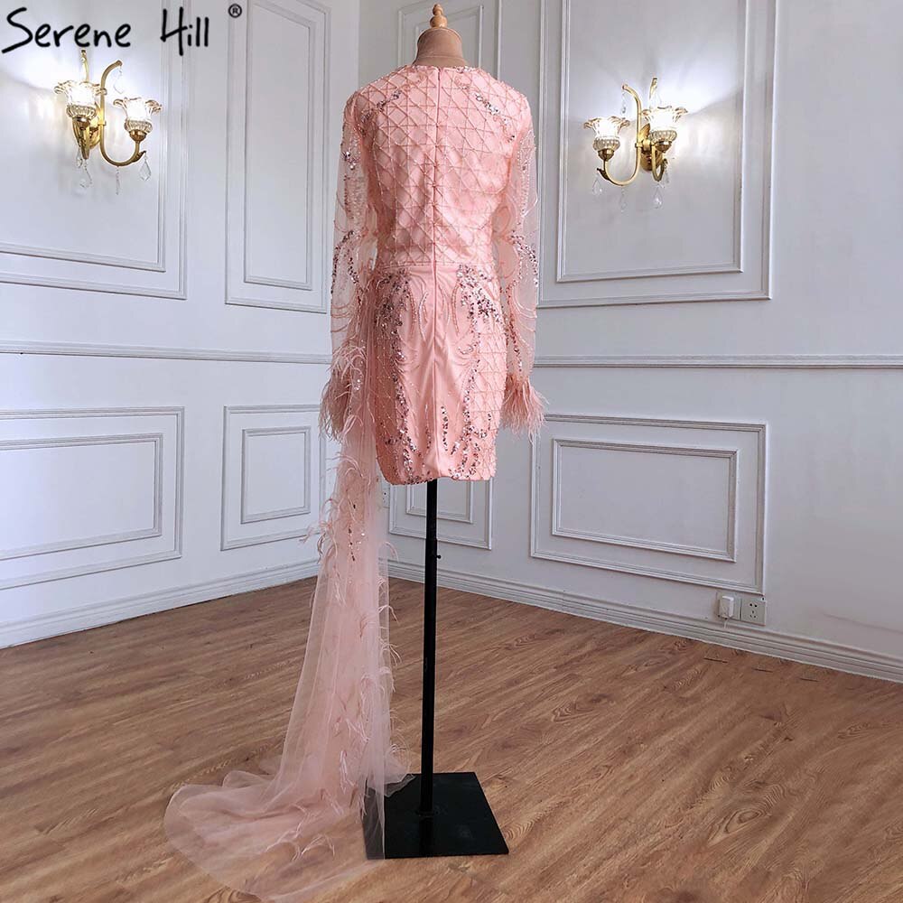 Serene Hill Peach Mermaid With Train Cocktail Dresses 2025 Beading Feathers Elegant Designer For Women Party LA71113 - SERENE HILL