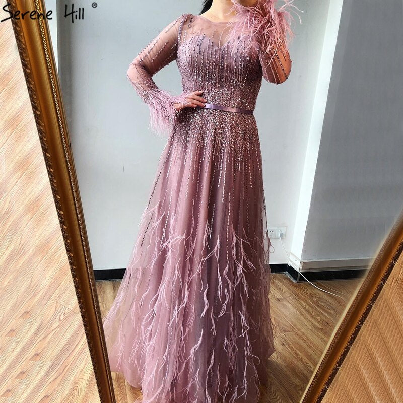 Serene Hill Pink A-Line Dubai Design Feathers Long Sleeves Luxury Beaded Evening Dresses Gowns For Women Party 2025 LA60836 - SERENE HILL