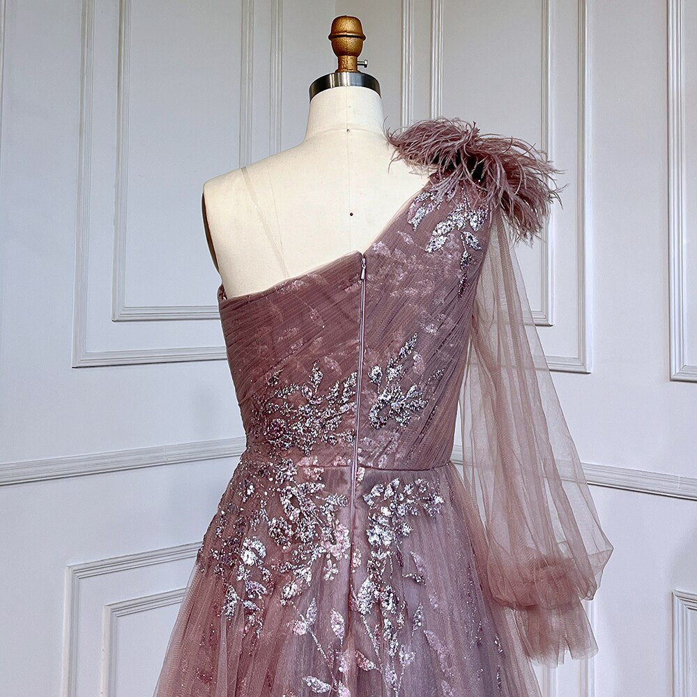 Serene Hill Pink A-Line Split Luxury Evening Dresses Gowns 2025 Beaded Elegant Feathers One Shoulder For Women Party LA71689 - SERENE HILL