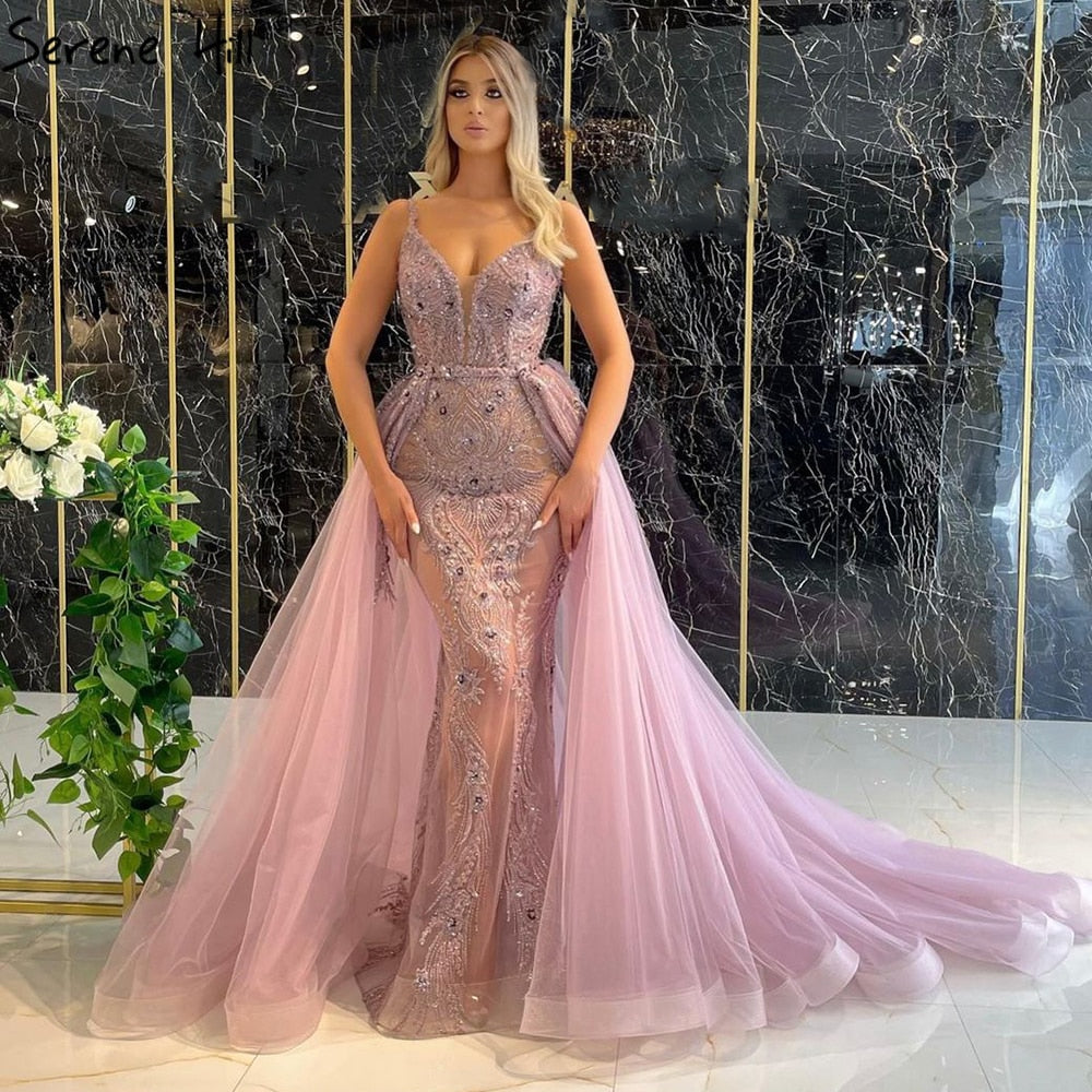 Serene Hill Pink Detachable Skirt Evening Dresses Gowns Mermaid Elegant Luxury Beaded 2025 For Woman Party LA71363 - SERENE HILL
