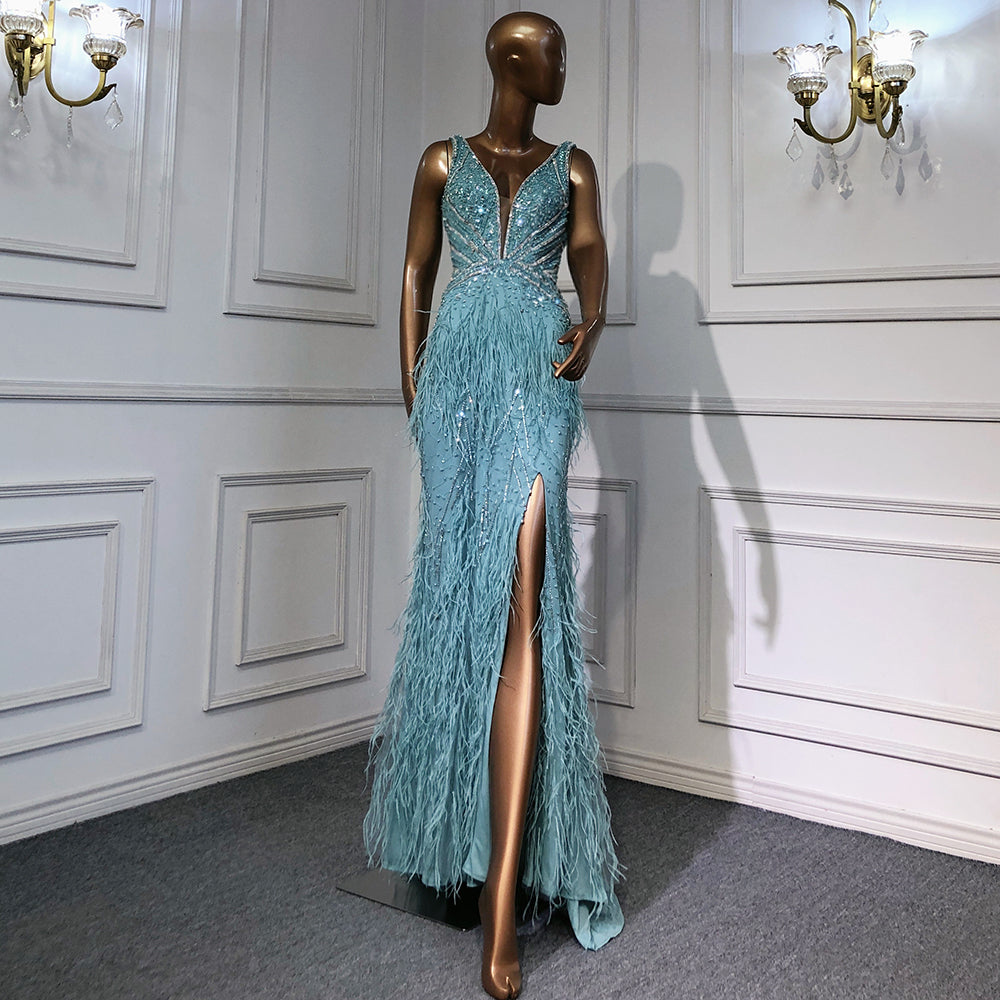 Serene Hill Pink High Split Mermaid Evening Dresses Gowns 2025 Backless Luxury Beaded Feather For Women Party LA71583 - SERENE HILL