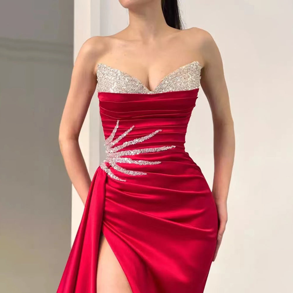 Serene Hill Pink High Split Overskirt Evening Dresses Gowns 2025 Satin Beaded Elegant Mermaid For Women Party LA71615 - SERENE HILL