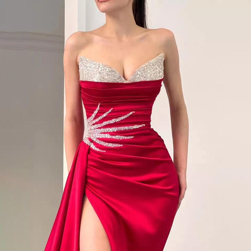 Serene Hill Pink High Split Overskirt Evening Dresses Gowns 2025 Satin Beaded Elegant Mermaid For Women Party LA71615 - SERENE HILL