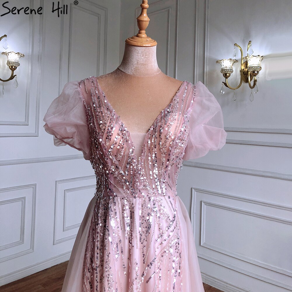 Serene Hill Pink Luxury Overskirt Evening Dresses Gowns 2025 Beaded Puffy Short Sleeves For Women Party LA71361 - SERENE HILL