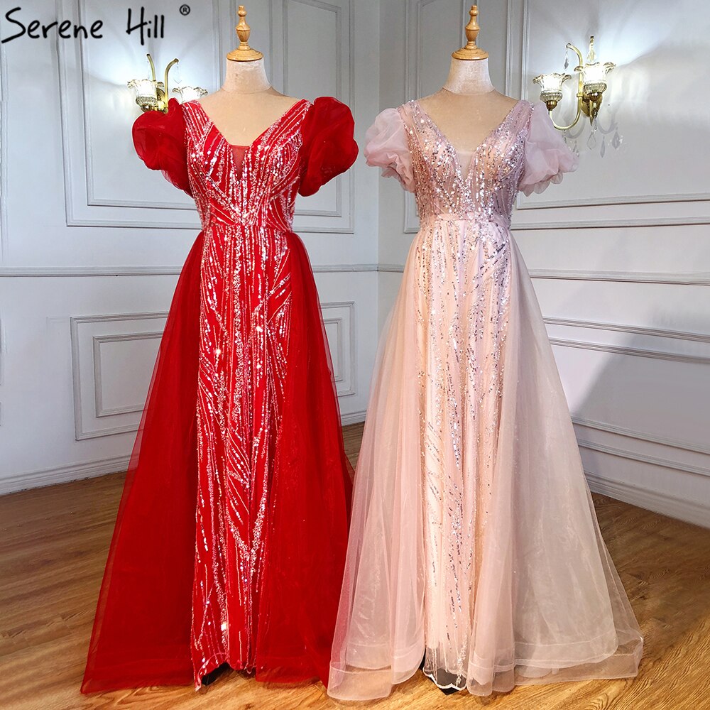 Serene Hill Pink Luxury Overskirt Evening Dresses Gowns 2025 Beaded Puffy Short Sleeves For Women Party LA71361 - SERENE HILL