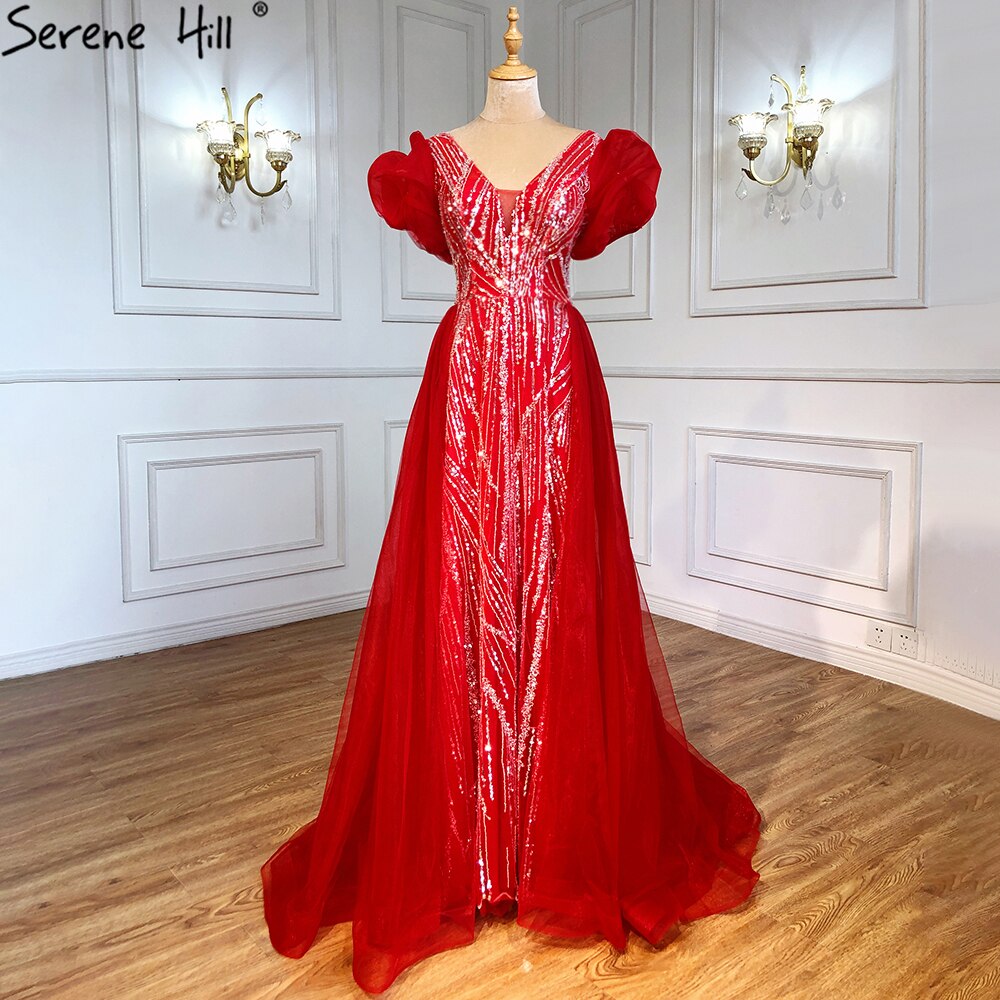 Serene Hill Pink Luxury Overskirt Evening Dresses Gowns 2025 Beaded Puffy Short Sleeves For Women Party LA71361 - SERENE HILL
