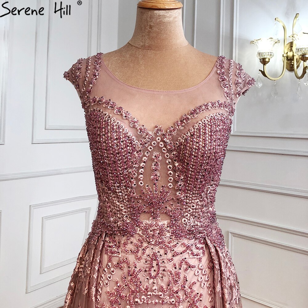 Serene Hill Pink Luxury With Overskirt Evening Dresses Gowns 2025 Lace Beaded Crystal Mermaid For Woman Party LA71080 - SERENE HILL