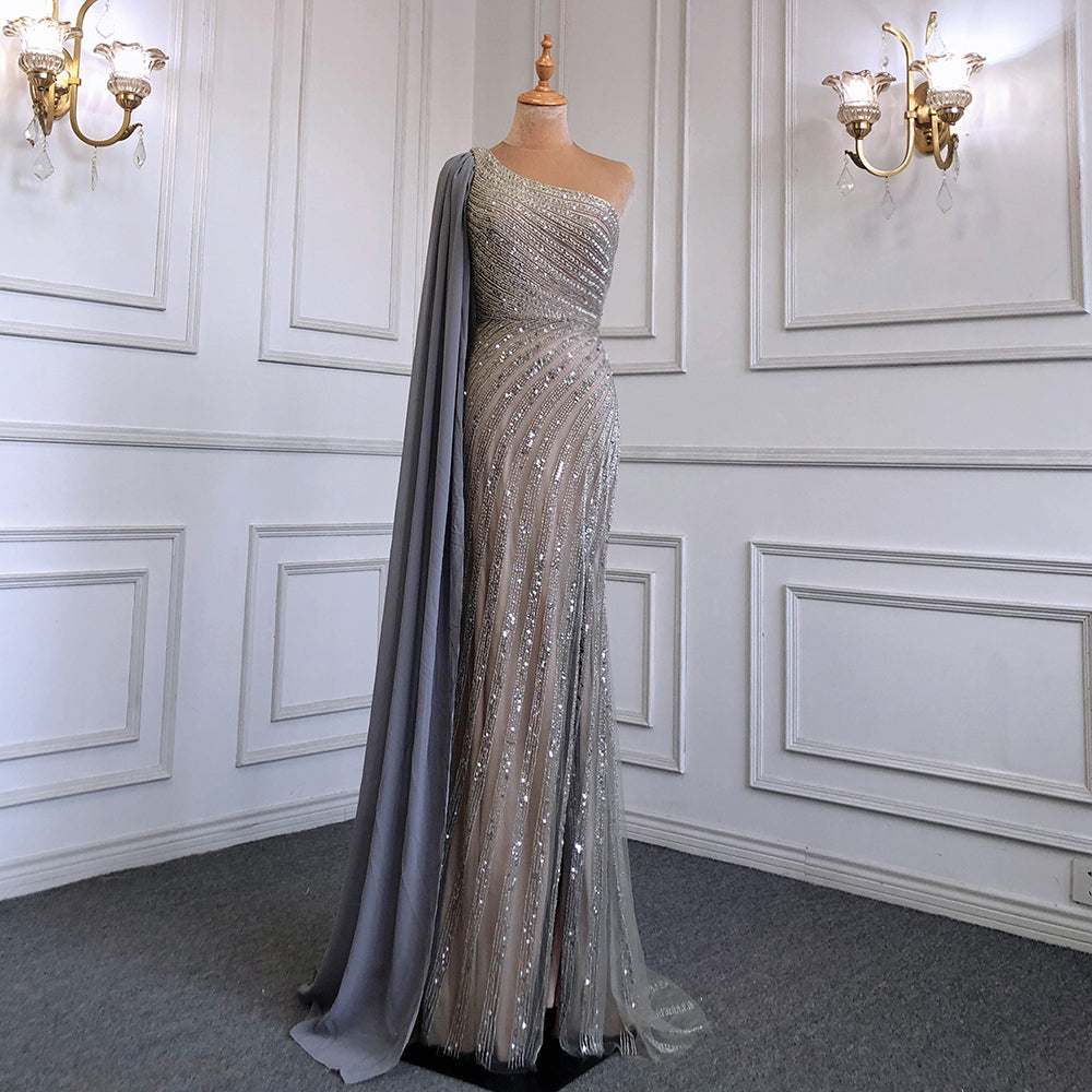 Serene Hill Pink Mermaid Elegant One-Shoulder Cape Sleeve Evening Dresses Gowns 2025 High Split Luxury Beaded LA71708 - SERENE HILL