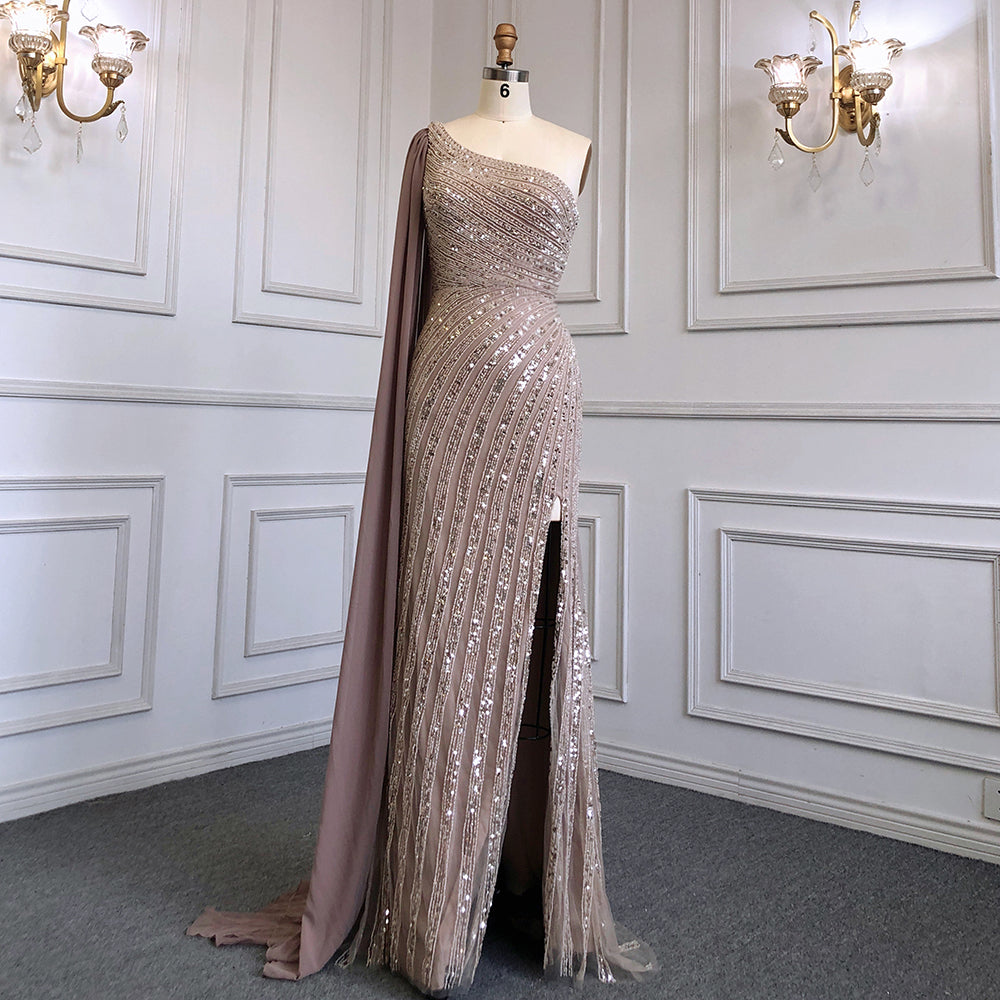 Serene Hill Pink Mermaid Elegant One-Shoulder Cape Sleeve Evening Dresses Gowns 2025 High Split Luxury Beaded LA71708 - SERENE HILL