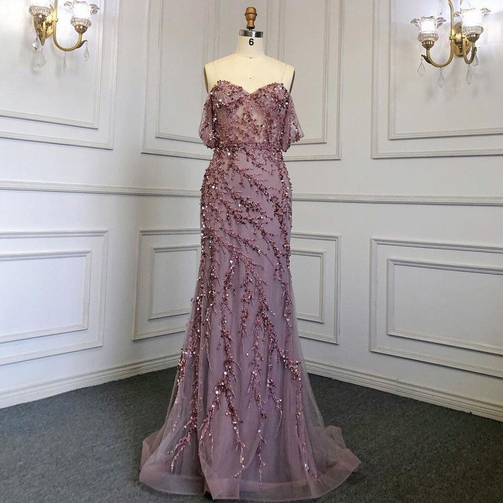 Serene Hill Pink Mermaid Elegant Sexy Off ShoulderEvening Dresses Gowns Luxury Beaded Off The Shoulder For Woman Party LA71653 - SERENE HILL