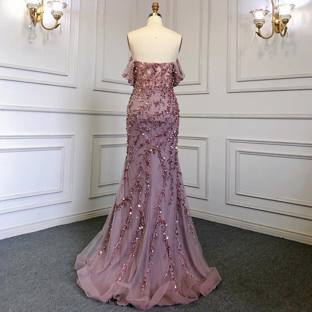 Serene Hill Pink Mermaid Elegant Sexy Off ShoulderEvening Dresses Gowns Luxury Beaded Off The Shoulder For Woman Party LA71653 - SERENE HILL