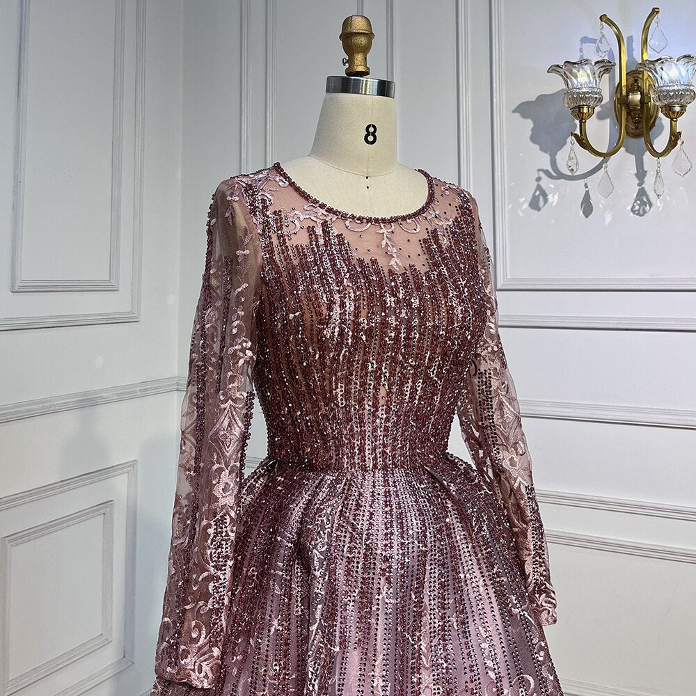 Serene Hill Pink Muslim A Line Long Sleeves Evening Dresses Arabic Luxury Beaded Gowns 2025 For Women Wedding Party LA70552A - SERENE HILL