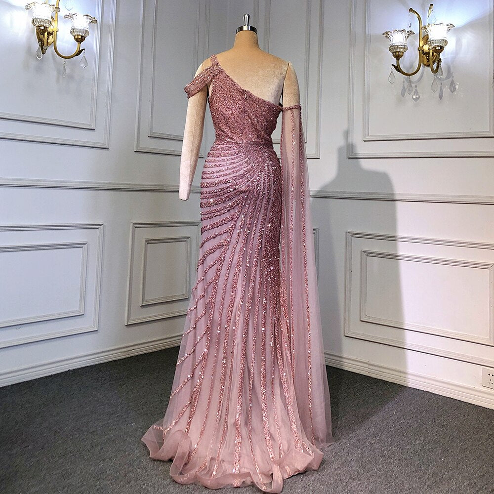 Serene Hill Pink One-Shoulder Cape Sleeve Evening Dresses Gowns 2025 Luxury Mermaid Beaded Elegant For Women Party LA71589 - SERENE HILL