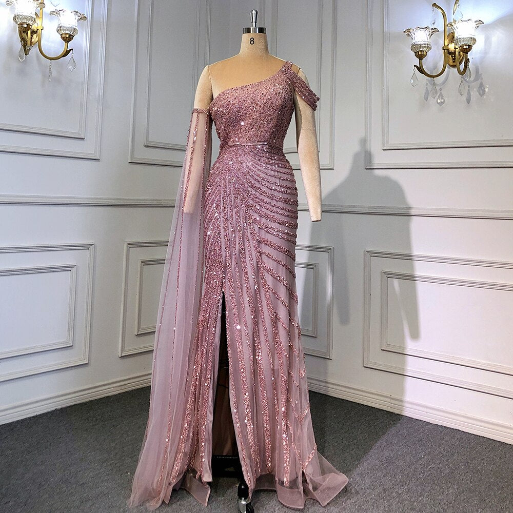 Serene Hill Pink One-Shoulder Cape Sleeve Evening Dresses Gowns 2025 Luxury Mermaid Beaded Elegant For Women Party LA71589 - SERENE HILL