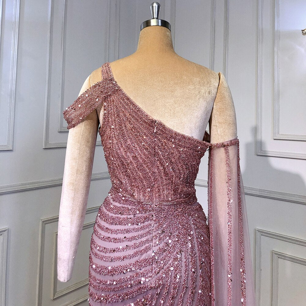 Serene Hill Pink One-Shoulder Cape Sleeve Evening Dresses Gowns 2025 Luxury Mermaid Beaded Elegant For Women Party LA71589 - SERENE HILL