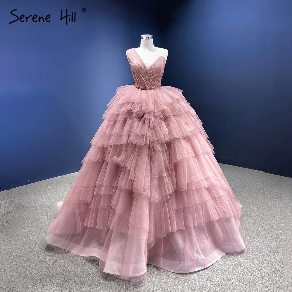 Serene Hill Pink One Shoulder Wedding Dresses 2025 Ruffles Beaded Sexy Bridal Gowns HM66934D Custom Made - SERENE HILL