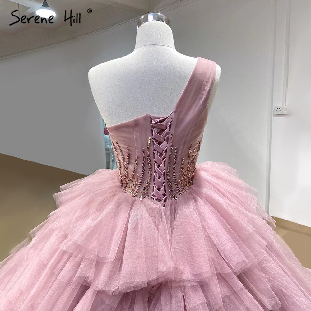 Serene Hill Pink One Shoulder Wedding Dresses 2025 Ruffles Beaded Sexy Bridal Gowns HM66934D Custom Made - SERENE HILL