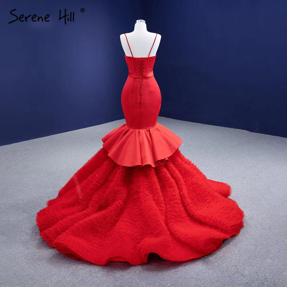 Serene Hill Red Ruffles Mermaid Wedding Dresses 2025 Spaghetti Strap Elegant Sexy Bride Gowns HM67311 Custom Made - SERENE HILL