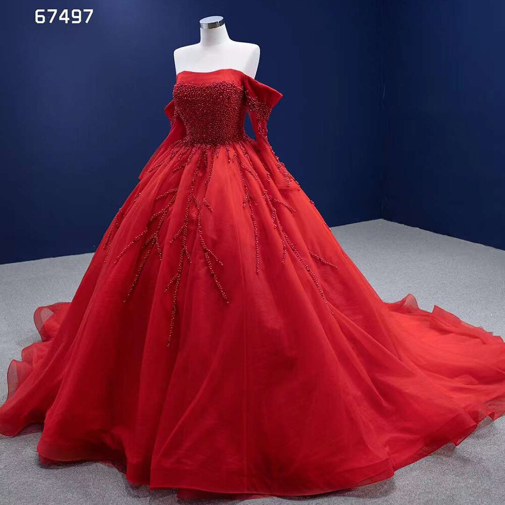 Serene Hill Red Sexy Off Shoulder Pearls Luxury Beaded Ball Gown Bride Gowns Wedding Dress 2025 High End Custom Made HM67497 - SERENE HILL
