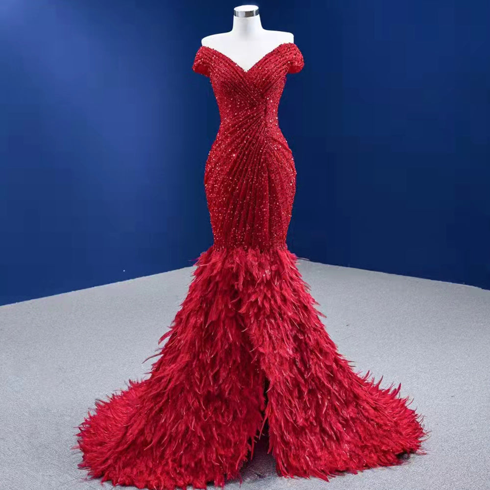 Serene Hill Rode Luxe Elegant Avond Jurken 2025 Sequin Feather Mermaid Voor Vrouwen Party HM67433 - SERENE HILL