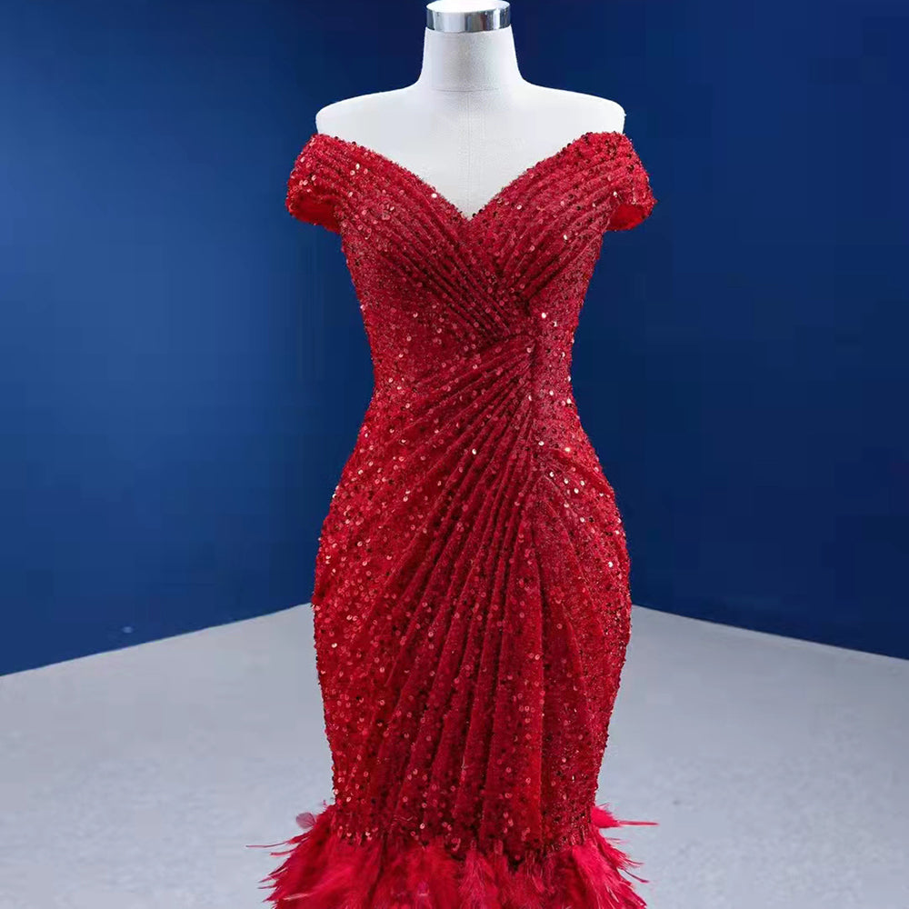 Serene Hill Rode Luxe Elegant Avond Jurken 2025 Sequin Feather Mermaid Voor Vrouwen Party HM67433 - SERENE HILL