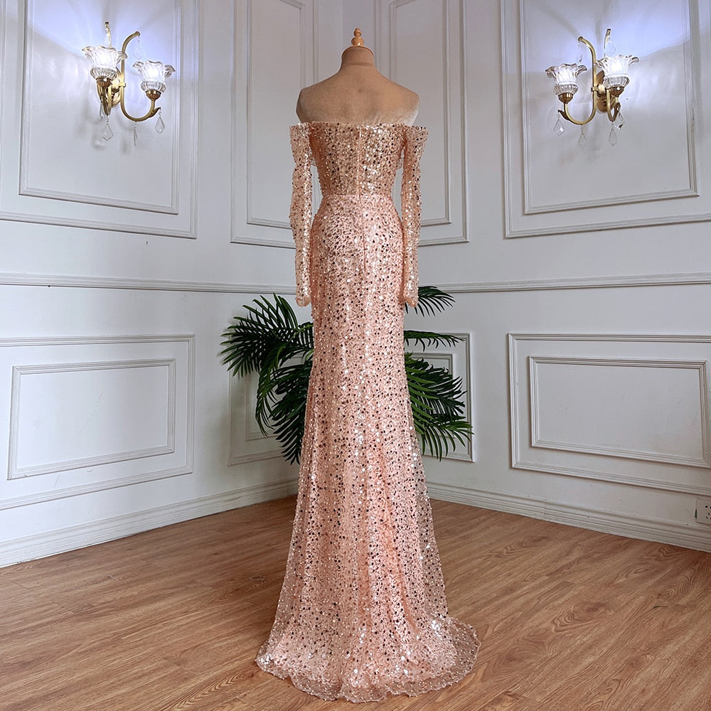 Serene Hill Rose Gold Mermaid Sexy High Split Evening Dresses Long Sleeves Wedding Party Gowns For Women 2025 LA71822 - SERENE HILL