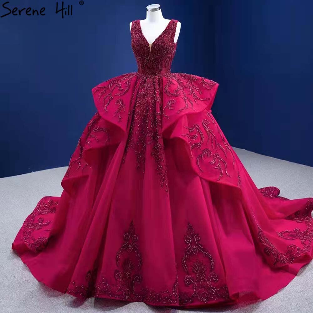 Serene Hill Rose Red Ruffles Wedding Dresses 2025 Beaded V-Neck Luxury Bride Gowns HM67376 Custom Made - SERENE HILL