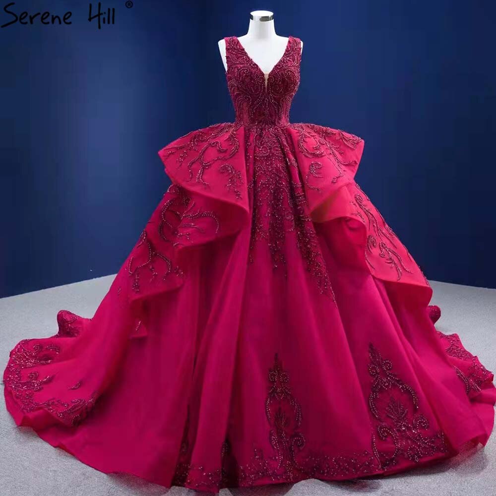 Serene Hill Rose Red Ruffles Wedding Dresses 2025 Beaded V-Neck Luxury Bride Gowns HM67376 Custom Made - SERENE HILL
