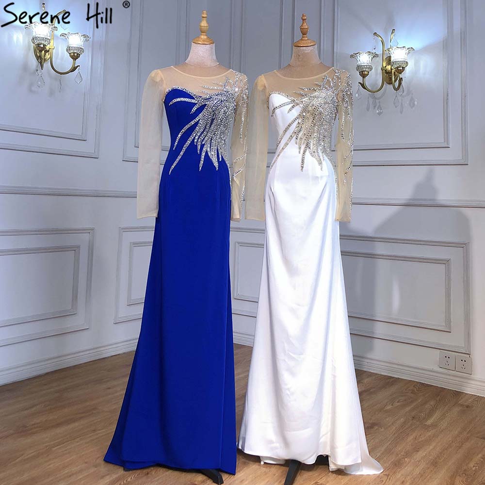 Serene Hill Royal Blue Satin Evening Dresses Gowns 2025 Beaded Elegant Mermaid For Women Wedding Party LA71471 - SERENE HILL
