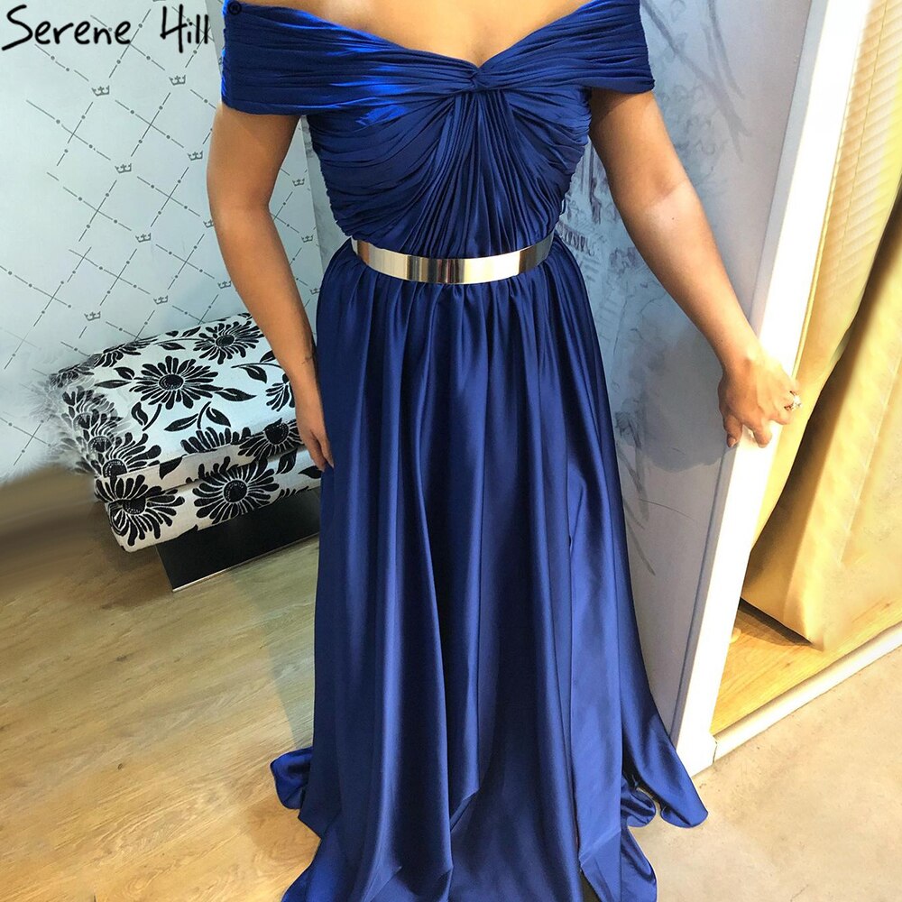 Serene Hill Royal Blue Simple Sartin Evening Dresses Gowns 2025 High