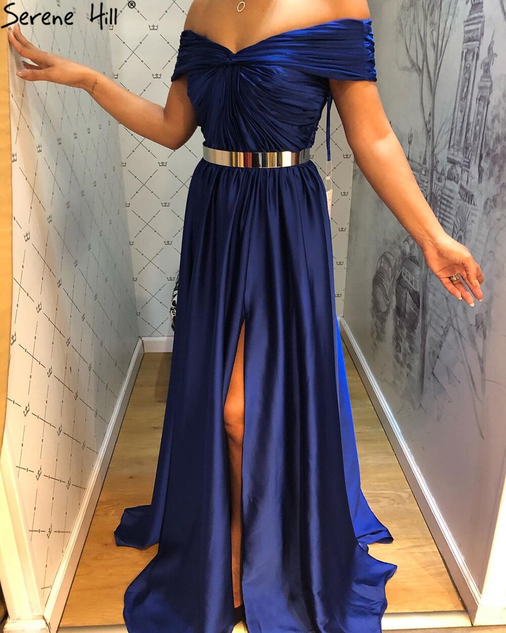 Serene Hill Royal Blue Simple Sartin Evening Dresses Gowns 2025 High Split A-Line Sexy For Women Party LA71301 - SERENE HILL