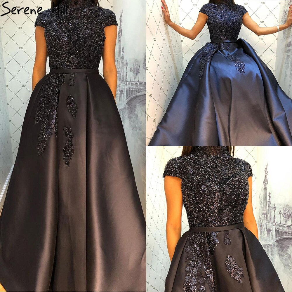 Serene Hill Satin Green A-Line Beading Evening Gowns 2025 Dubai High Collar Cap Sleeves Formal Dress Design LA70761 - SERENE HILL