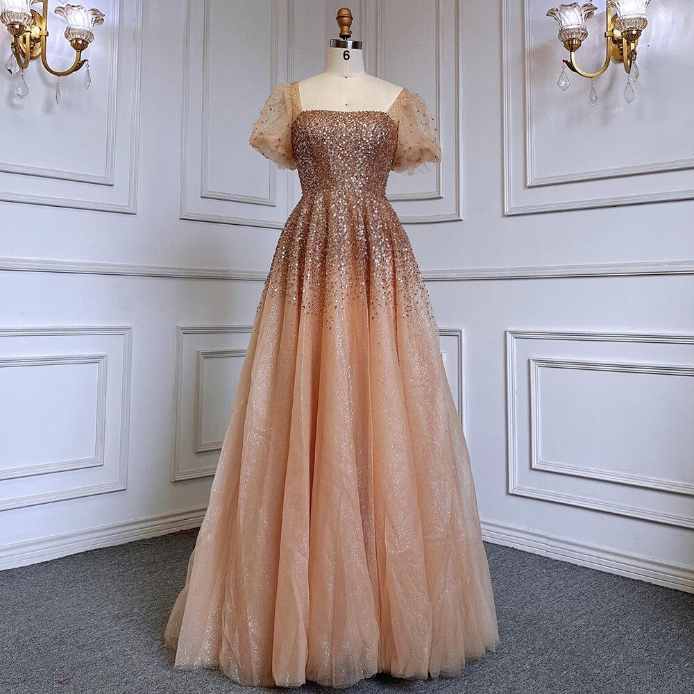 Serene Hill Sexy Gold A Line Luxury Sparkle Beaded Lace Up Evening Dresses Gowns 2025 For Women Party LA71153A - SERENE HILL
