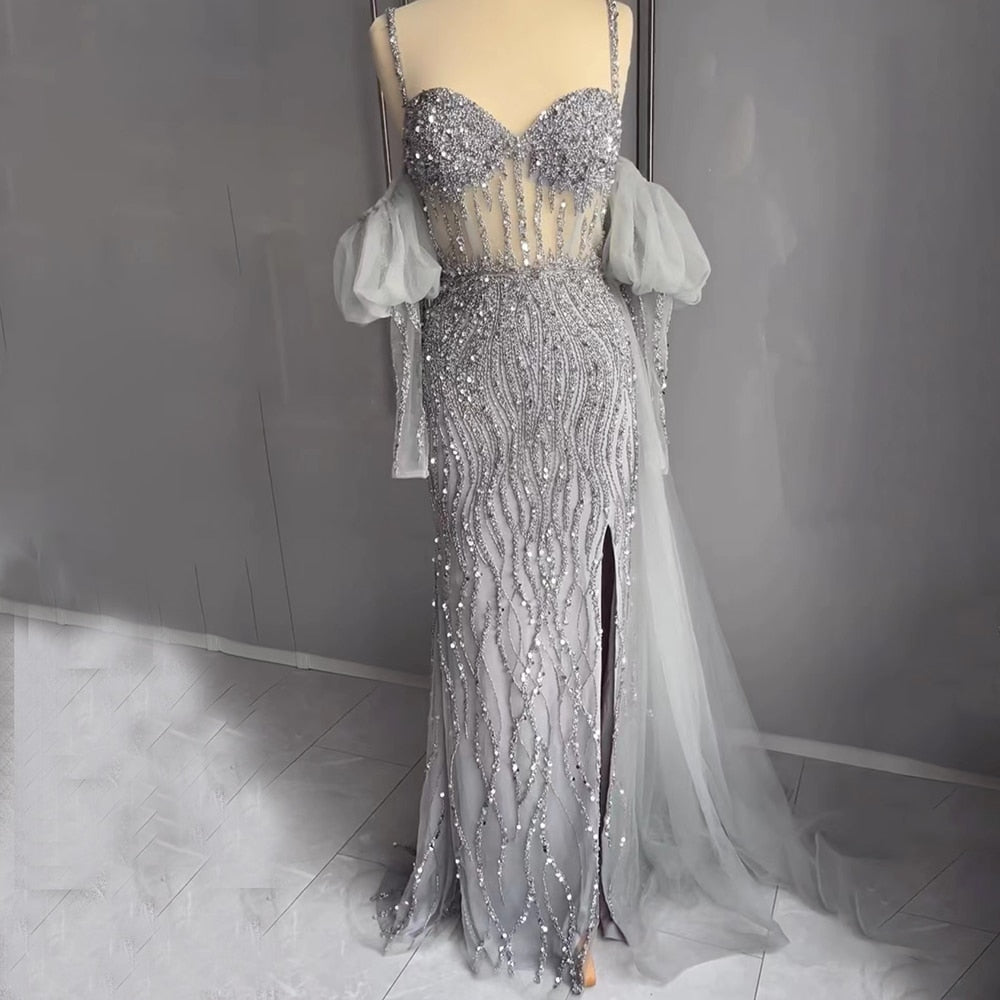 Serene Hill Sexy Gray Beaded Party High Split Spaghetti Straps Mermaid Balloon Sleeves Evening Dresses Gowns 2025 LA71571A - SERENE HILL