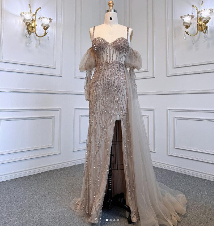 Serene Hill Sexy Gray Beaded Party High Split Spaghetti Straps Mermaid Balloon Sleeves Evening Dresses Gowns 2025 LA71571A - SERENE HILL
