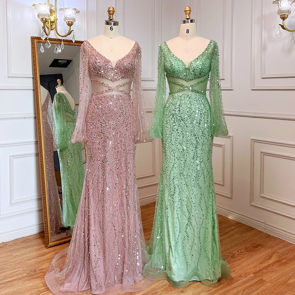 Serene Hill Sexy Mint Mermaid Elegant V-Neck Beaded Luxury Arabic Shiny Evening Dresses Gowns For Women Party 2025 LA71784 - SERENE HILL