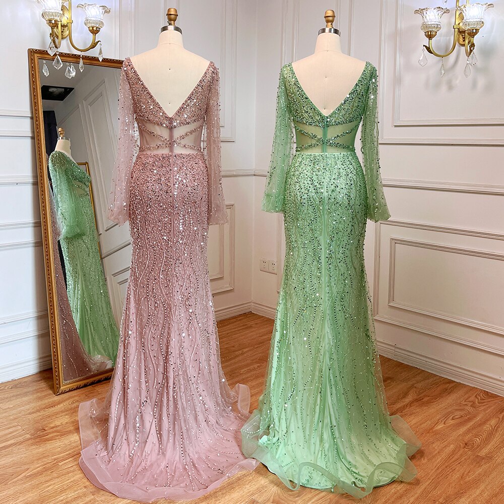 Serene Hill Sexy Mint Mermaid Elegant V-Neck Beaded Luxury Arabic Shiny Evening Dresses Gowns For Women Party 2025 LA71784 - SERENE HILL