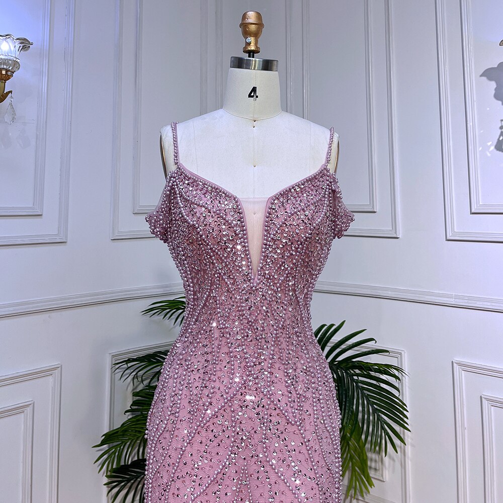 Serene Hill Sexy Pink Long Sparkly Girl Birthday Beaded Off Shoulder Formal Dresses 2025 For Woman Wedding Party LA72020 - SERENE HILL