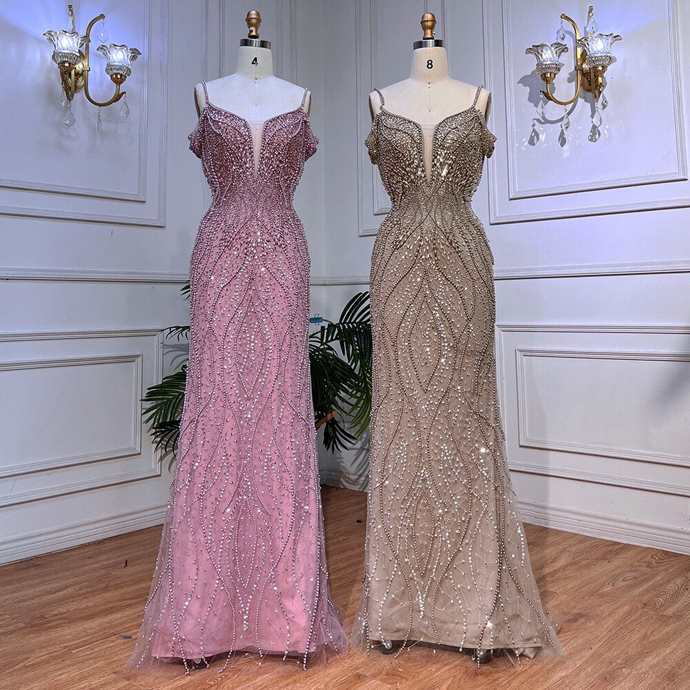 Serene Hill Sexy Pink Long Sparkly Girl Birthday Beaded Off Shoulder Formal Dresses 2025 For Woman Wedding Party LA72020 - SERENE HILL