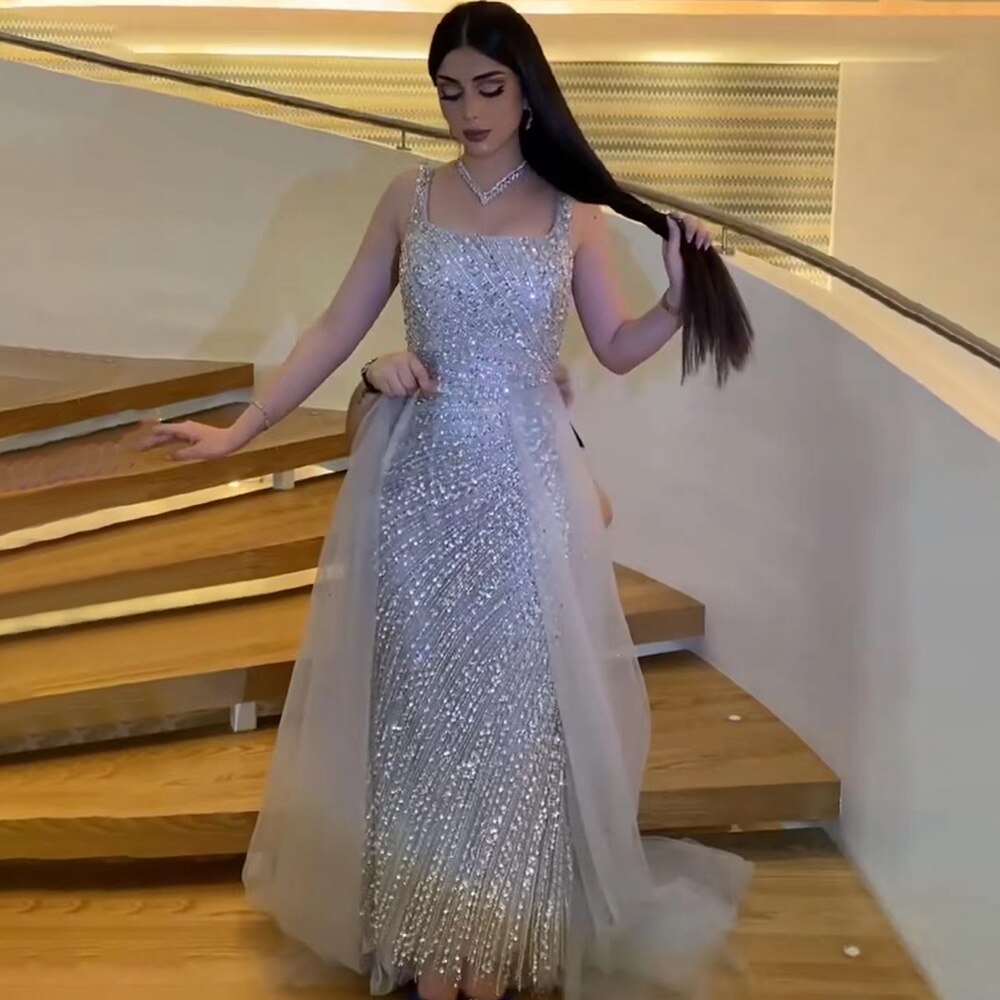 Serene Hill Sexy Silver Mermaid Detachable Skirt Beaded Luxury Arabic Evening Dresses Gowns 2025 For Women Party LA71618 - SERENE HILL