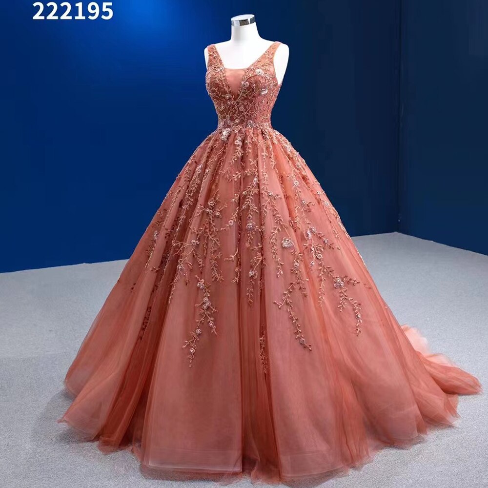Serene Hill Sexy Sleeveless V Neck Orange Appliques Beaded Lace Up Bride Gowns Wedding Dress 2025 High End Custom Made HM222195 - SERENE HILL